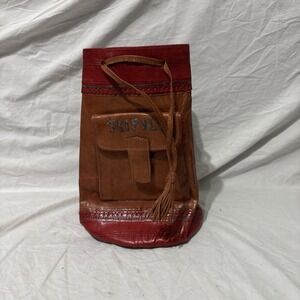 Vintage Cyprus Tourist Leather Drawstring Wrist Bag Handbag Wristlet Purse Tote